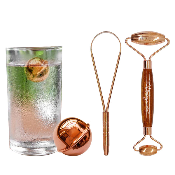 Vintageware® - Copper Ball, Tongue Cleaner & Face Roller - Copper Health & Wellness Kit - Copper Ball for Water, Tongue Cleaner with Handle, Face Roller - Rose Gold - N/A - Pure Copper - Combo Pack