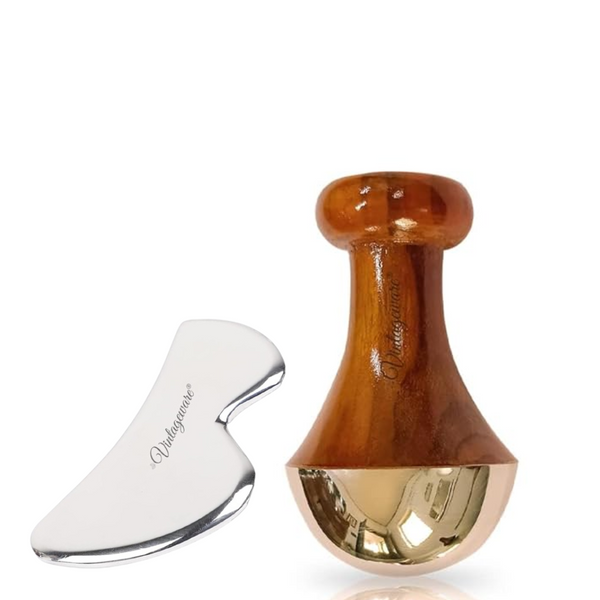 Vintageware® Combo Pack: Luxury Mushroom Kansa Wand & Stainless Steel Gua Sha Tool (B-Shape)