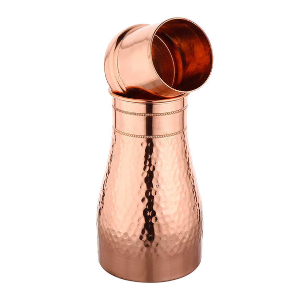 Vintageware® Pure Copper Hammered Design Bedroom Water Bottle with Inbuilt Glass – 1 Litre Bedside Pot for Health Benefits