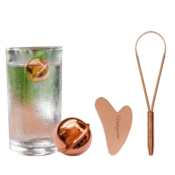 Vintageware® - Copper Ball, Tongue Cleaner & Gua Sha - Copper Health & Wellness Kit - Copper Ball for Water, Tongue Cleaner with Handle, Gua Sha - Rose Gold - Pure Copper - Combo Pack