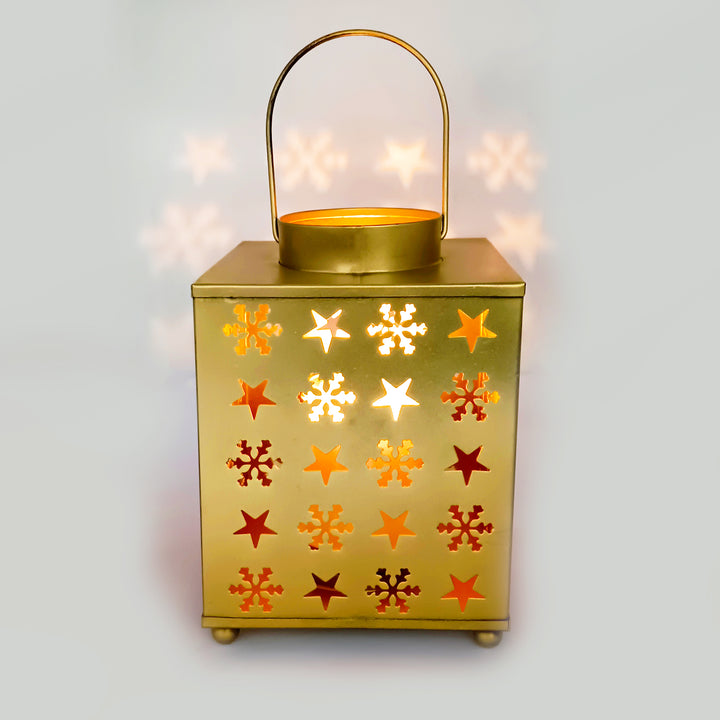 Square Shape Metal Candle Holders (Designed Star, Golden) - Vintageware