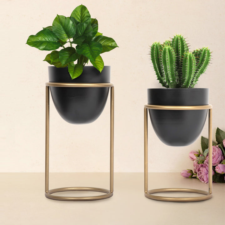 Metal Planter Stand With Planter (Golden & Black, Set of 2 ) - Vintageware