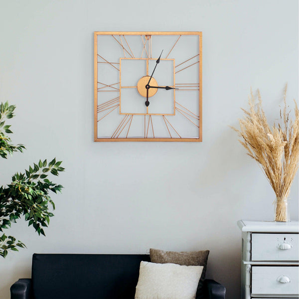 Handcrafted Square Shape Roman Numeral Metal Wall Clock (20 Inch, Rose Golden) - Vintageware