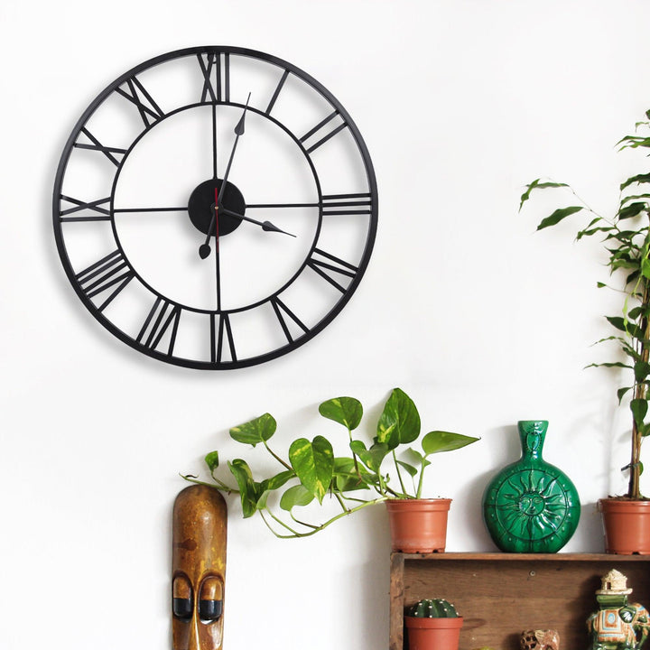 Handcrafted Roman Numeral Metal Wall Clock (16 Inch, Black) - Vintageware
