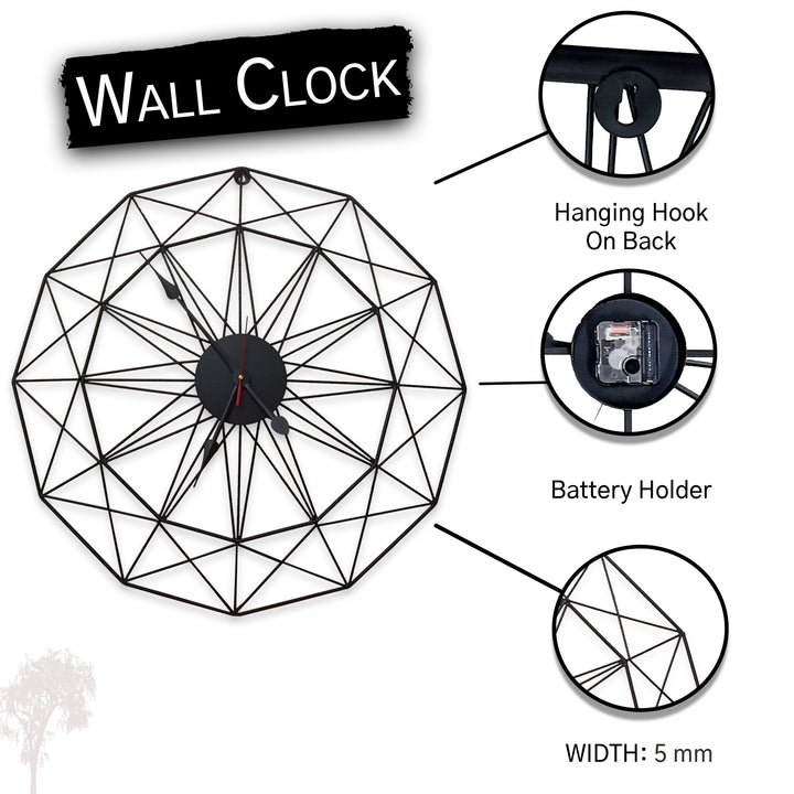 Handcrafted Geometrical Design Metal Wall Clock (24 Inch, Black) - Vintageware