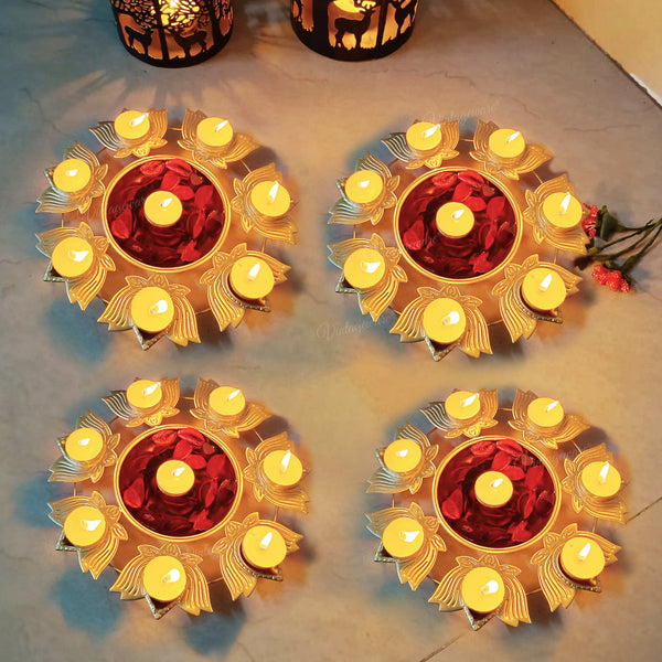 Decorative Metal Urli Bowl for Floating Flowers with Lotus Shape Diya Border Iron Table Diya Set of 4 (Dia - 10.5 Inch)